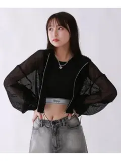 repipi armarioのメッシュWZIPショートパーカー（黒）★レピピ