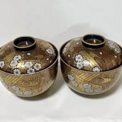 幸楽窯 有田焼 錦蒔絵 花筏図 茶碗 蓋付き 夫婦 ペア 2点セット 昭和レトロ