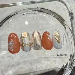 181┆チェックネイル　オーロラネイル　オレンジ