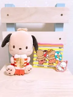 スシロー✖️はぴだんぶい　ポチャッコ　ぬいぐるみ　クリアポーチ　ピック　3点セット