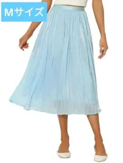 ☘️プリーツ ミディスカート ウエストゴム 光沢 アコーディオンスカート M