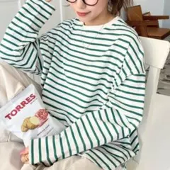 【新品未使用】momen't+ モーメントプラス ボーダー長袖Tシャツ グリーン