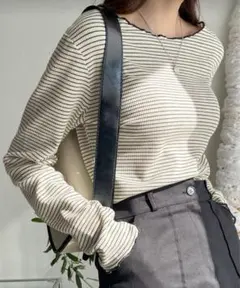 アイボリー/ブラックストライプ 長袖トップス XL