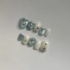 【no.44】ネイルチップ　ベリーショート　クリスマス　マグネット　青　雪　冬