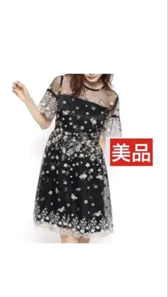 美品リリーブラウン　花柄　刺繍ワンピース・フォーマルドレス・シフォン　チュール黒