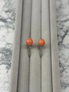 本珊瑚 サンゴ 丸玉 イヤリング シルバーカラー コーラル アクセサリー