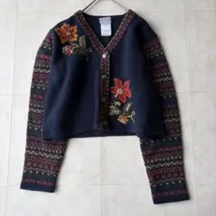 ローラアシュレイ 花柄刺繍 ウールニットカーディガン ネイビー M クロップド