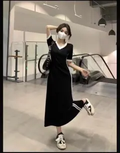 ブラック　ストライプ　ロング　ワンピース　フレンチスタイル　Mサイズ