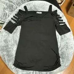 ビジュー付 カットアウト ミニワンピース XL 黒 肩出し Nendu