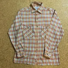 【ビンテージ】80’sシャツその②　オレンジ系チェック柄　木製ボタン？　古着