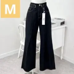 【新品】フレアパンツ　デニム　ビンテージ　ワイドパンツ　黒　38　M　履き心地◎