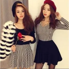 新品送料無料＊.フレアワンピース 千鳥格子柄 上黒タイプ (Y0050)