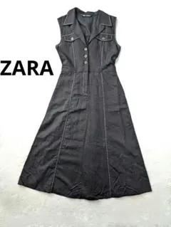 ZARA リネン ノースリーブ シャツ ワンピース M ブラック
