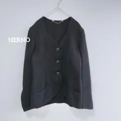 【美品】 ヘルノ HERNO ノーカラージャケット シルク混 黒 イタリア製 L