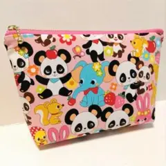 パンダとお友だち レトロ ハンドメイド ポーチ 化粧ポーチ ファスナーポーチ