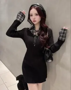 GRL チェック柄ドッキングリブニットミニワンピース[ru1477]