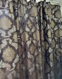 美品 送料込 エレガントな花柄ブラウンカーテン