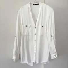 ZARA スキッパーシャツ Vネック ノーカラー ロールアップスリーブ