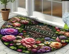 Welcomeマット＊ハーフサークル＊洗濯機対応＊滑り止め裏地付玄関＊リビング
