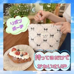 リボン刺繍 ホワイト 女子　学生　可愛い　もこもこ　化粧ポーチ ポーチ 小物入れ