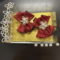 赤リボンの髪飾りセット