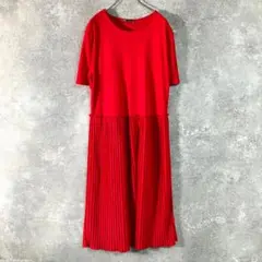 ZARA　カットソーワンピース　ロング丈　半袖　レッド　プリーツ　クルーネック