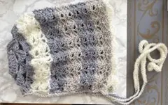 ボンネット　バラクラバ　帽子　編み物　ハンドメイド　紫　パープル　グレー　春　夏