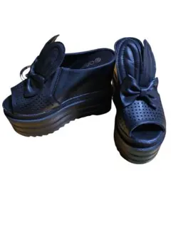 レディース ウサギの耳付き ブラック サンダル 22cm 厚底 リボン スリッパ