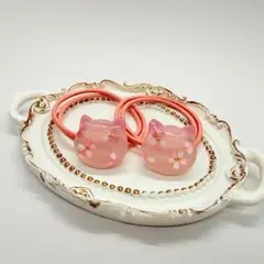 キッズ ヘアゴム ねこ さくら ピンク 花 レジン 2個