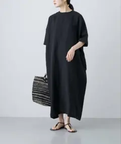 リネンクルーネックワイドワンピース