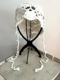 ハンドメイド　ボンネット　レース編み　クロシェハット　春