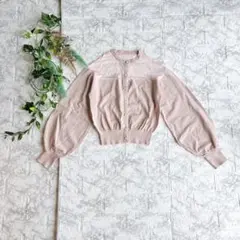 パールボタン シアー切り替え 長袖カーディガン ピンク系　美品のサムネイル