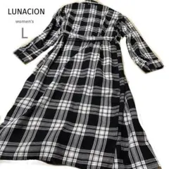美品Lunacionチェックシャツロングワンピース【L】黒ブラック白ホワイト長袖