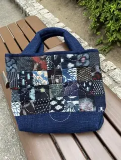 ハンドメイド　トートバッグ　パッチワーク　古布　絣　型染め　雪ん子