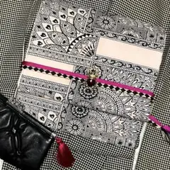 【NEW】幅狭めの華奢帯 ゴシック柄 黒×ピンク×シルバー 名古屋帯 ハロウィン