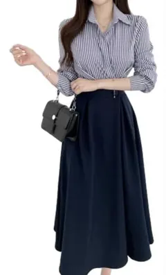 ドッキング　ストライプシャツワンピース　ネイビー