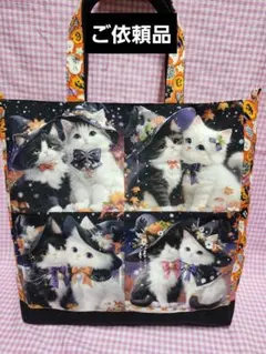 ハンドメイド、ハロウィン猫パネルビッグサイズトートバッグ