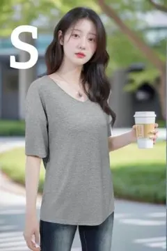 特価❕Vネック Tシャツ 半袖 カットソー トップス S グレー
