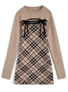 GRL チェック柄フロントオープンリボンニットミニワンピース [ru1372]