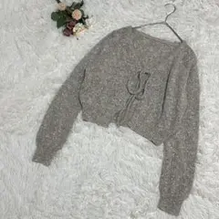 長袖ニットカーディガン　セーター　羽織もの　茶色　ブラウン　リボン　クロップド丈