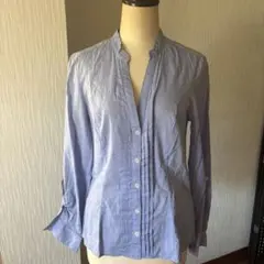 インディゴカラー　ノーカラーVネックブラウス☆オシャレ☆のサムネイル