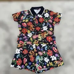 銀座マギー 花柄 半袖ブラウス ポロシャツ ネイビー コットン 