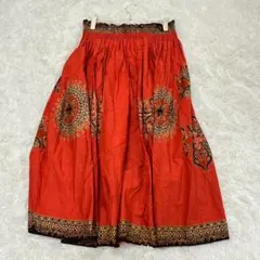 美品✨ ロング フレア スカート 総柄 エスニック柄 オレンジ 春 夏 大きめ