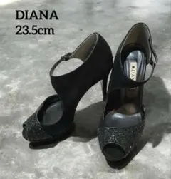 DIANA パンプス オープントゥハイヒール23.5 ラメ&スエード ストラップ