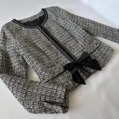 美品　ノーカラー　ツイード　ジャケット　リボン　取り外し可能　サテン