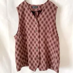 【美品】Alisa 日本製 レトロ ダイヤチェック柄 Vネックベスト ボルドー系