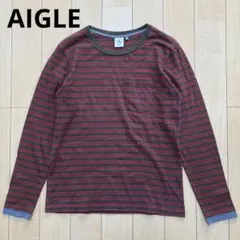 AIGLE エーグル　ロンT ボーダー　ロゴ刺繍　レッド　カーキ　XSサイズ