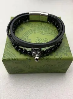 GUCCI タイガーヘッド ブラックビーズ レザーコード ブレスレット GUCCI タイガーヘッド ブラックビーズ レザーコード ブレスレット