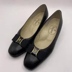 Elegance Parisリボン付き黒レザーパンプス 351/2サイズ