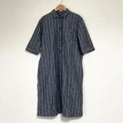 MHL. コットンリネン　プルオーバー　半袖シャツワンピース　ストライプ　グレー